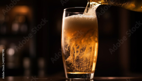 A frothy drink pouring into a beer glass at a pub generated by AI