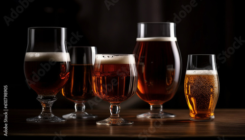 Foamy beer in gold pint glass on wooden table background generated by AI