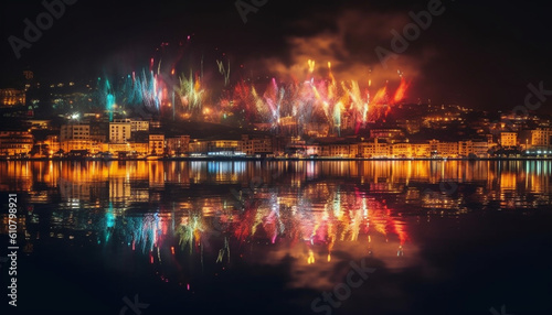 Illuminated cityscape reflects on water, vibrant colors ignite celebration fireworks generated by AI