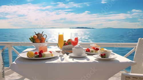 Breakfast with tropical fruits by the sea , summer vacation concept.
