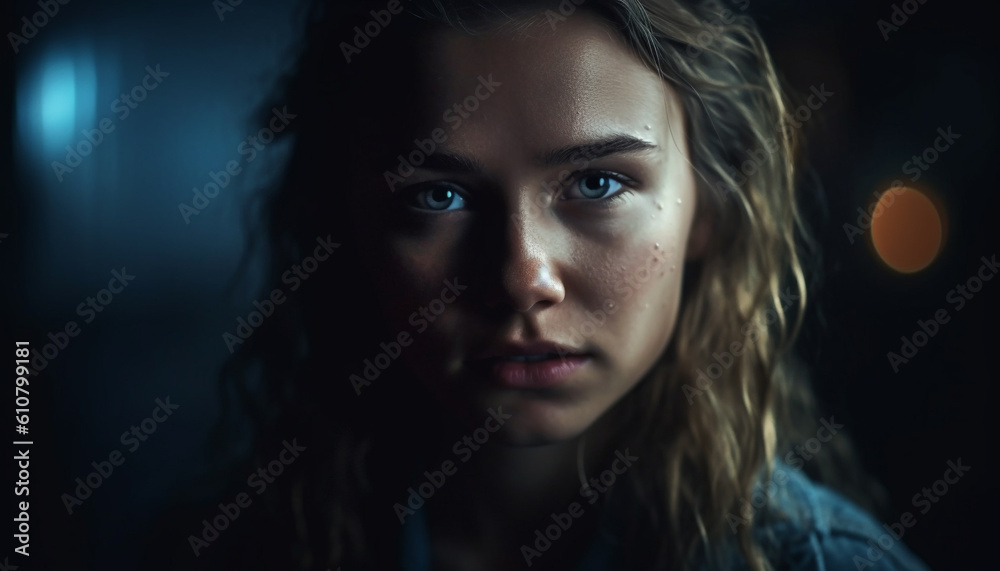 Beautiful young woman with brown and blonde hair looking serious generated by AI Beautiful young woman with brown and blonde hair looking serious generated by AI