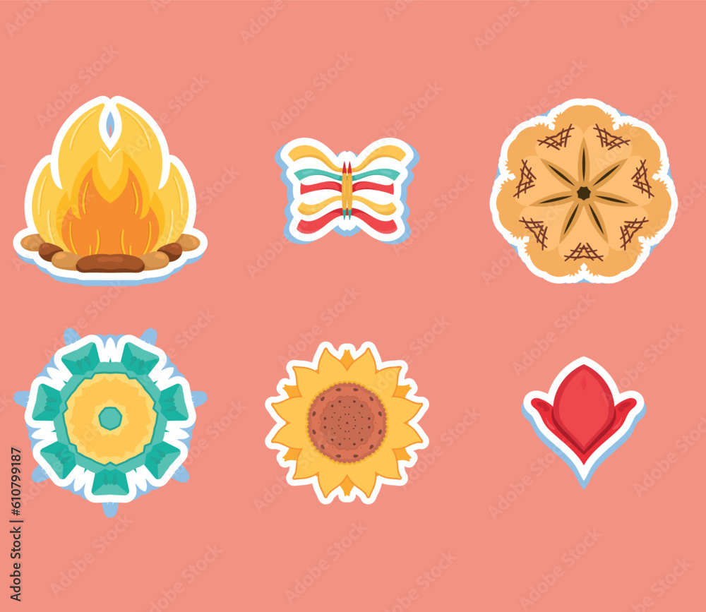 a set of stickers with different designs, a colorful circular pattern on a pink background