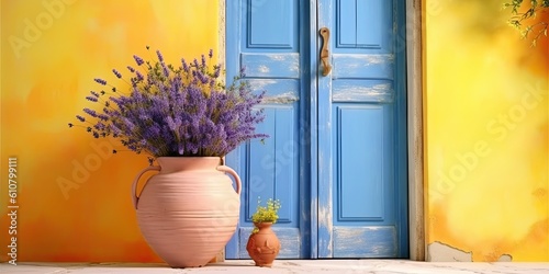 Yellow vase with lavender on it, with a blue shabby door in the backdrop. Generative AI