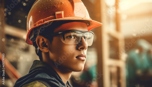 Confident engineer in hardhat and eyeglasses working on construction site generated by AI