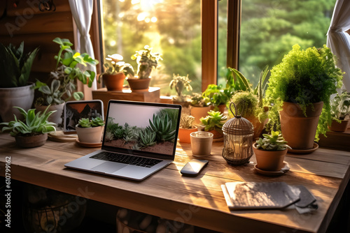 Sunlit Home Office with Reclaimed Wood Desk and Abundance of Plants