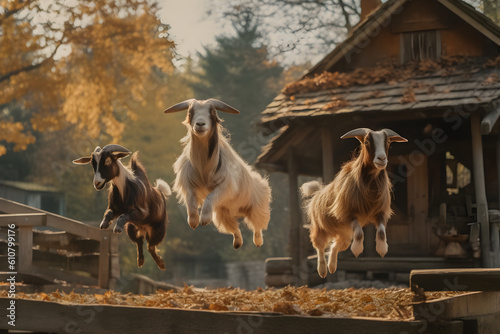 Goats Jumping Around Playfully in a Village