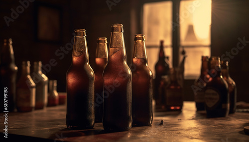 Dark beer bottle on wooden table in brewery, full of liquid generated by AI