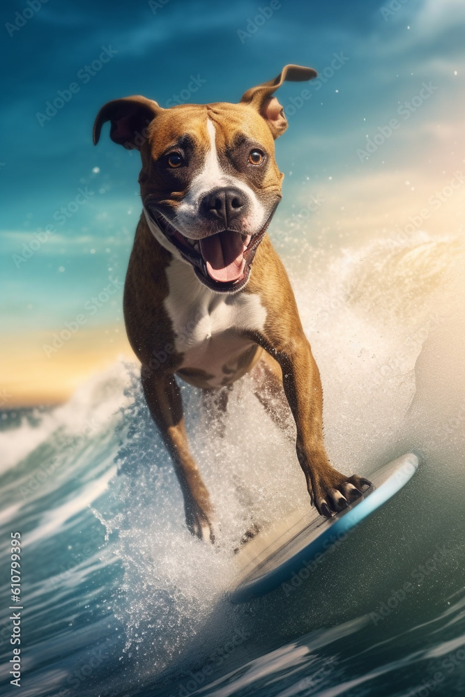 cooler fröhlicher Staffordshire Bullterrier Hund beim surfen auf einem Surfboard im Meer mit großen Wellen in Action. Hochformat. Hochkant. Generative Ai.