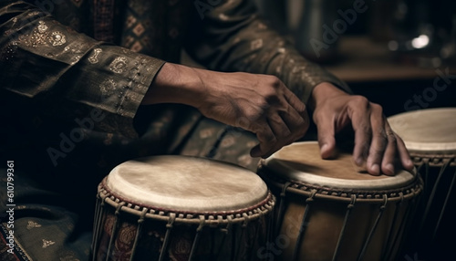 One man playing djembe, hitting percussion instrument with creativity generated by AI