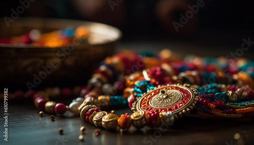 Colorful Indian jewelry adorns wrists and necks in traditional celebration generated by AI