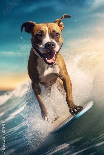 cooler fröhlicher Staffordshire Bullterrier Hund beim surfen auf einem Surfboard im Meer mit großen Wellen in Action. Hochformat. Hochkant. Generative Ai. © Michael