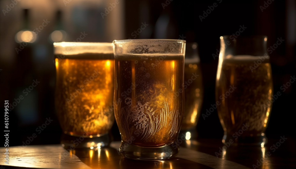 Foamy beer poured into a pint glass on a bar counter generated by AI Foamy beer poured into a pint glass on a bar counter generated by AI