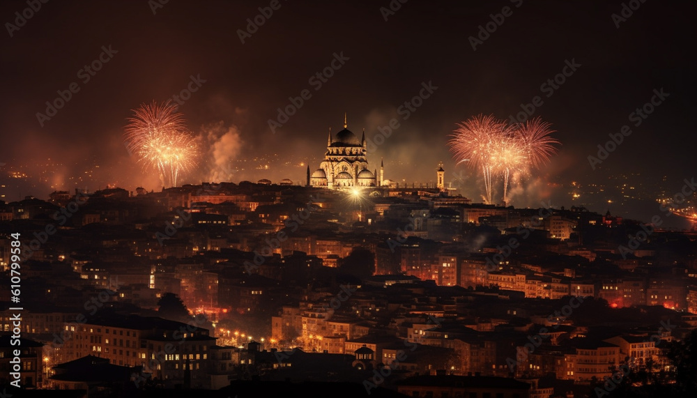Fototapeta premium Illuminated cityscape explodes with firework display, celebrating famous landmarks generated by AI