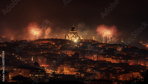 Illuminated cityscape explodes with firework display, celebrating famous landmarks generated by AI