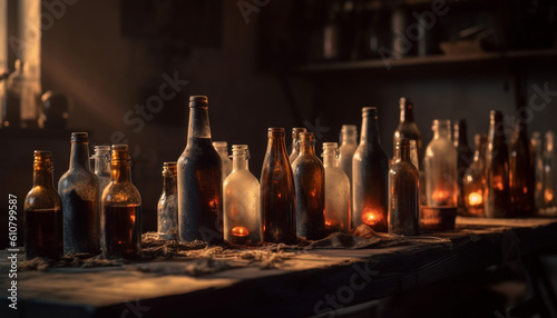Dark wine bottle on old wooden table  burning candle glowing generated by AI