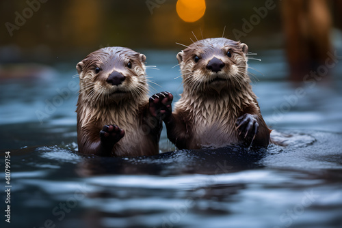 Otters Holding Hands While Floating in Water, High Five, 3D © Jakub