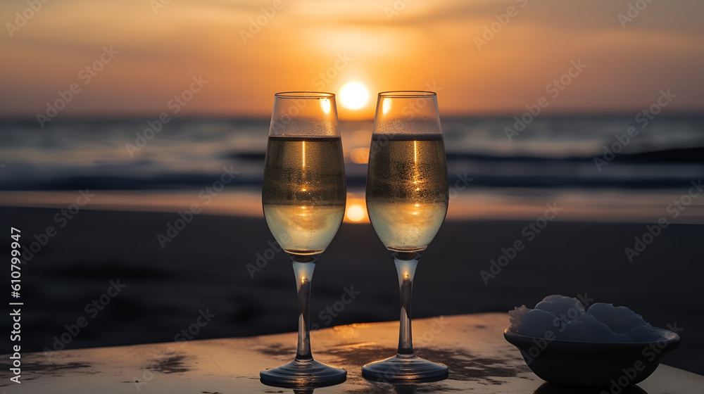 Two glasses of champagne on the table at sunset. Beach, sunset with sea background