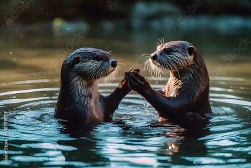Otters Holding Hands While Floating in Water, High Five, 3D © Jakub
