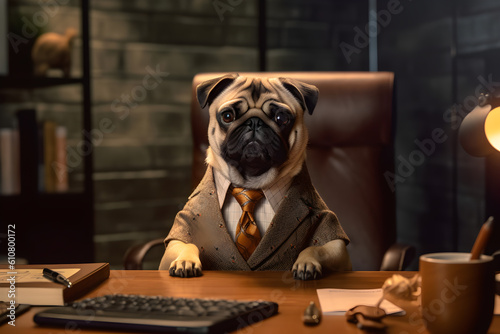 Excited Pug in Business Attire at Tiny Office Desk © Jakub