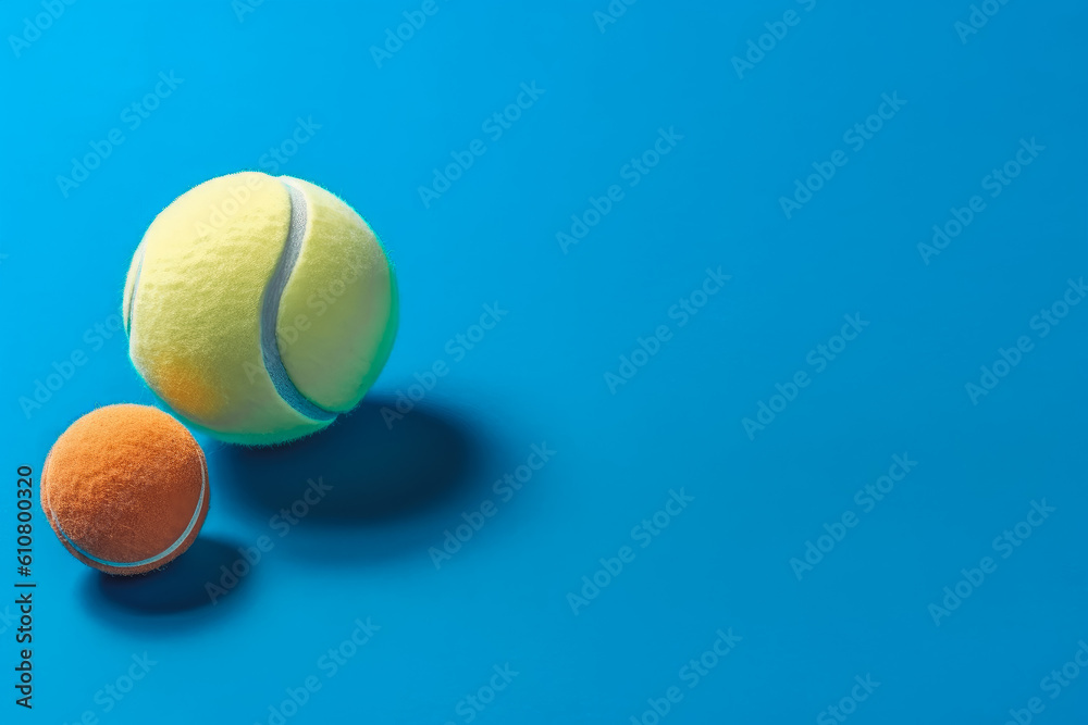 Yellow an orange tennis balls on the blue background, big tennis concept. Generative AI