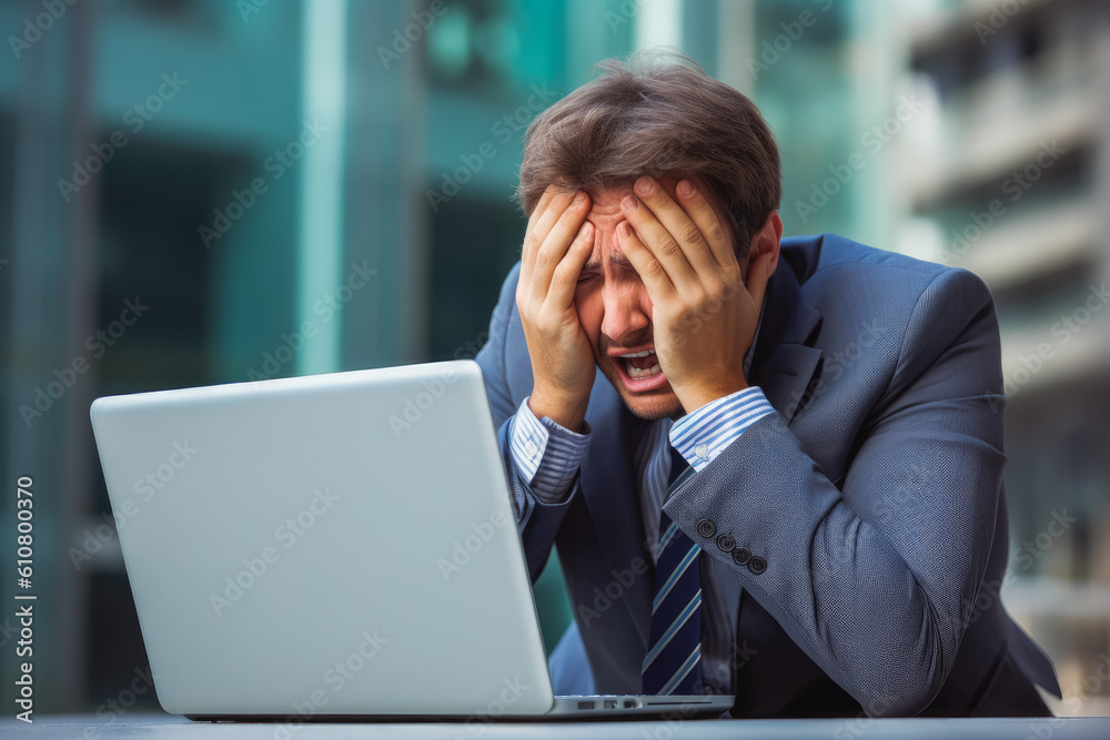 Desperate caucasian businessman dressed in a suit stressed because of business recession. Generative AI Desperate caucasian businessman dressed in a suit stressed because of business recession. Generative AI