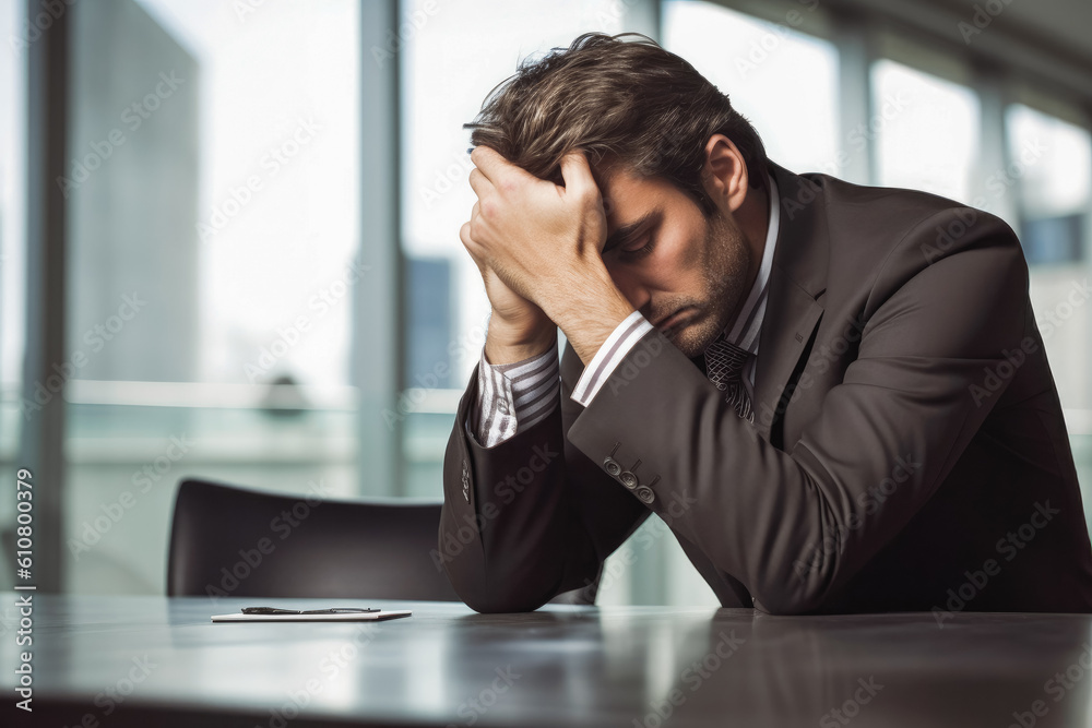 Desperate caucasian businessman dressed in a suit stressed because of business recession. Generative AI Desperate caucasian businessman dressed in a suit stressed because of business recession. Generative AI