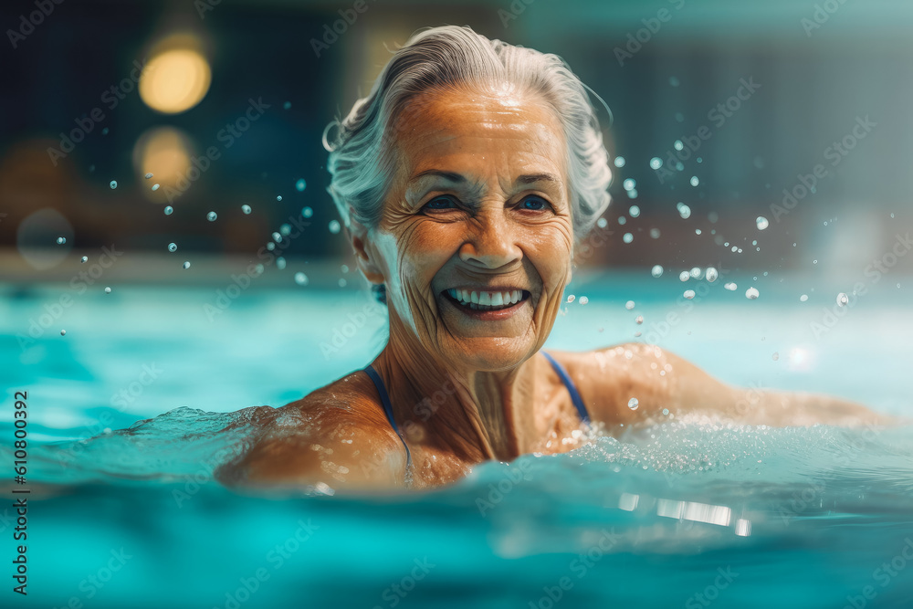 Elderly woman swimming in indoor pool enjoying water and smiling. Active exercise for better health. Generative AI Elderly woman swimming in indoor pool enjoying water and smiling. Active exercise for better health. Generative AI