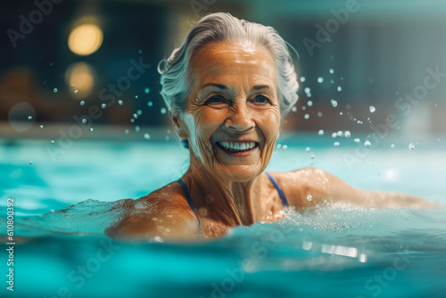 Elderly woman swimming in indoor pool enjoying water and smiling. Active exercise for better health. Generative AI © VisualProduction