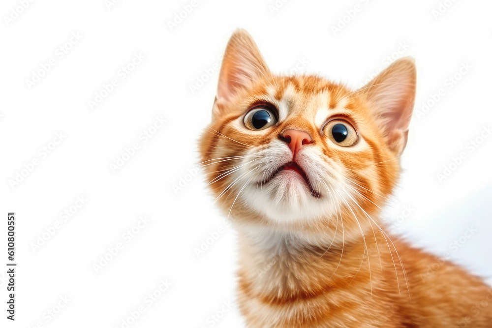Adorable little orange kitten looking up, isolated on a white background, funny and playful, very cute. Generative AI