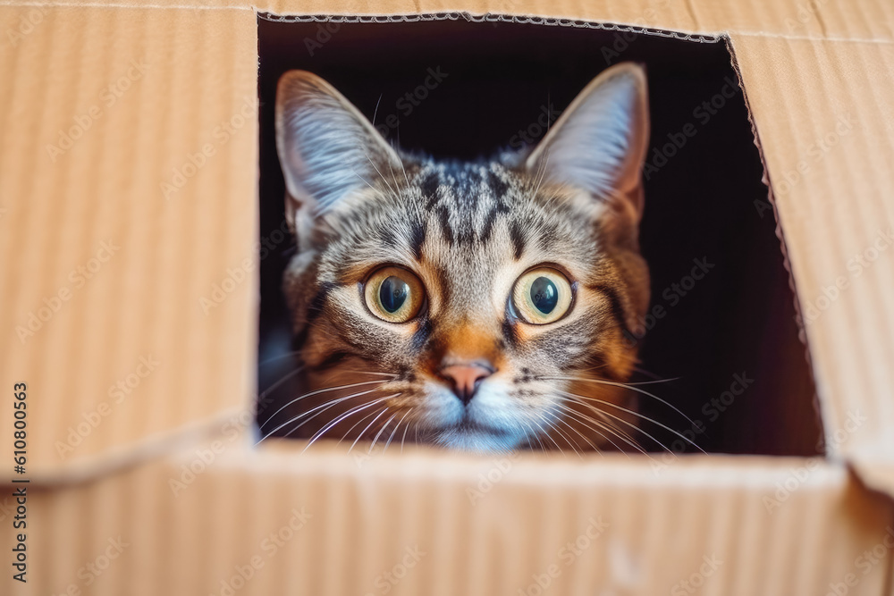 Portrait of a grey funny cat with green eyes looking out of the box, adorable kitten. Generative AI Portrait of a grey funny cat with green eyes looking out of the box, adorable kitten. Generative AI