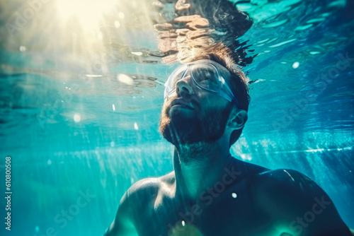 Beautiful Caucasian male swimmer swimming underwater, enjoying water and having fun. Generative AI