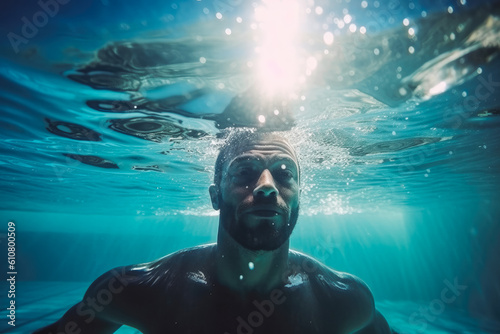 Beautiful Caucasian male swimmer swimming underwater, enjoying water and having fun. Generative AI © VisualProduction