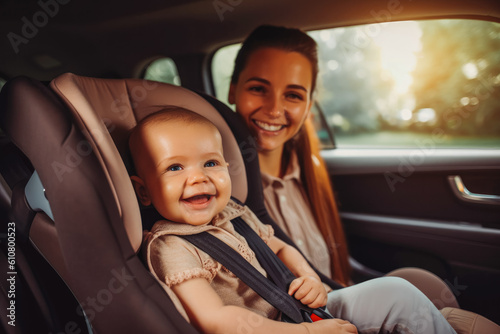Smiling mother fastening seat belt on her newborn baby in a car seat, baby smiling and being happy. Generative AI