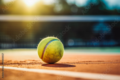 Yellow tennis ball on the floor of a tennis court, ready for a tennis match, tennis net in the background. Generative AI
