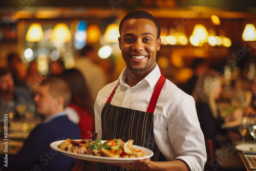Smiley african american waitress serving food to customers in a restaurant  friendly professional looking staff. Generative AI