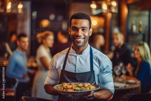 Smiley african american waitress serving food to customers in a restaurant, friendly professional looking staff. Generative AI