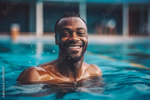 Smiley attractive african american man swimming in outdoor swimming pool on s sunny summer day. Generative AI © VisualProduction