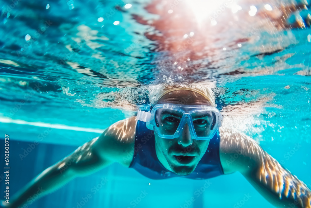 Attractive man swimming underwater and wearing swimming cap and goggles. Enjoying in the pool. Generative AI