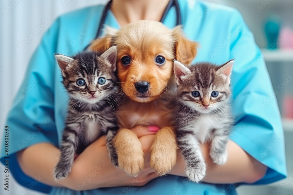 Two kittens and puppy at the veterinarian clinic waiting for a check up, adorable little animals. Generative AI Two kittens and puppy at the veterinarian clinic waiting for a check up, adorable little animals. Generative AI