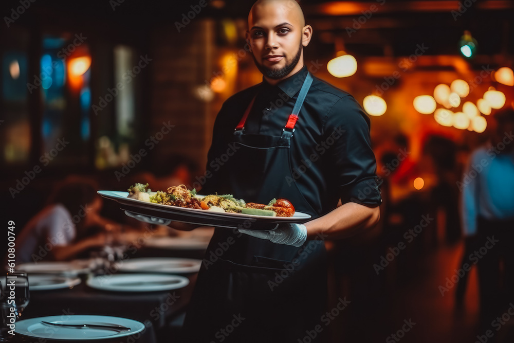 Waiter serving on duty in a restaurant and smiling while bring guests their meal, friendly worker. Generative AI