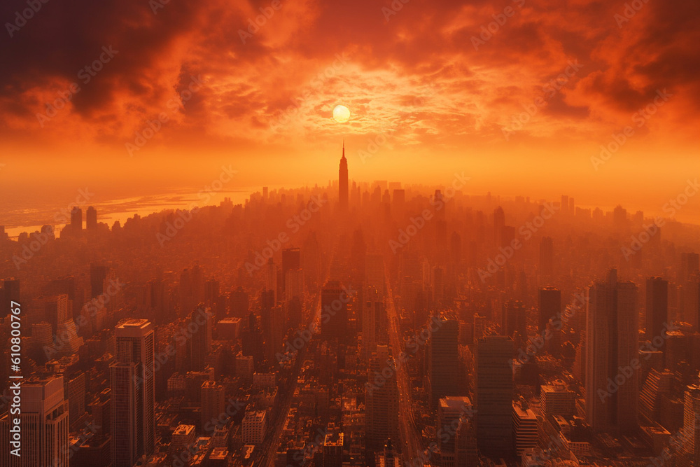 Sunset over New York city Skyline through polluted air - Created with generative AI tools