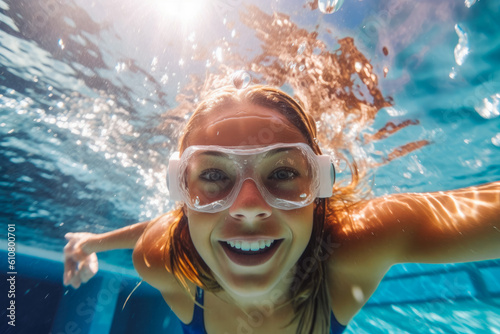 Beautiful female swimmer swimming underwater with a smile on her face, enjoying water and having fun. Generative AI