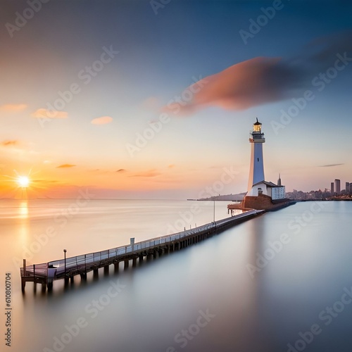 lighthouse at sunset generated by AI technology 