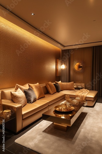 Hotel lobby or luxury apartment living room, sofa and coffee table with gold pillows. Created with generative AI