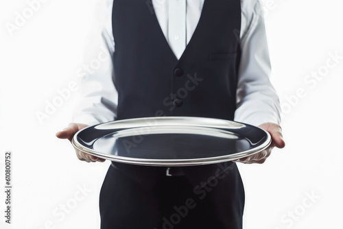 Close up of waiter standing and holding a tray on the white background, professional looking. Generative AI