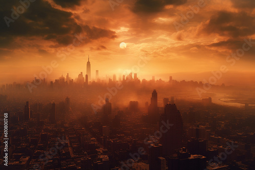 Sunset over New York city Skyline through polluted air - Created with generative AI tools
