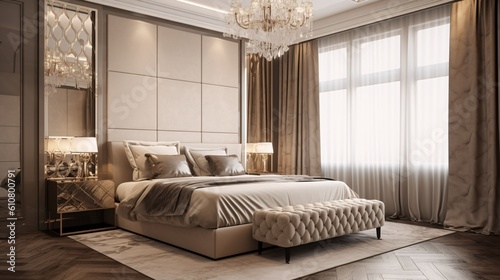 Luxury bedroom suite in classic style with gold pattern wall. Prestige, and elegant. Created with generative AI