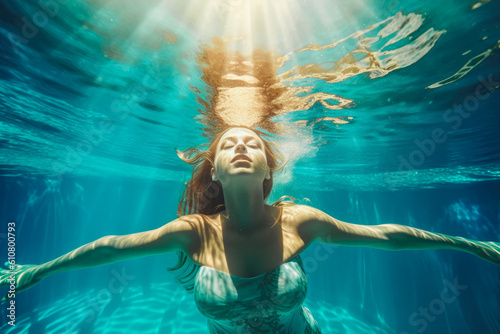 Beautiful female swimmer swimming underwater with a smile on her face, enjoying water and having fun. Generative AI © VisualProduction