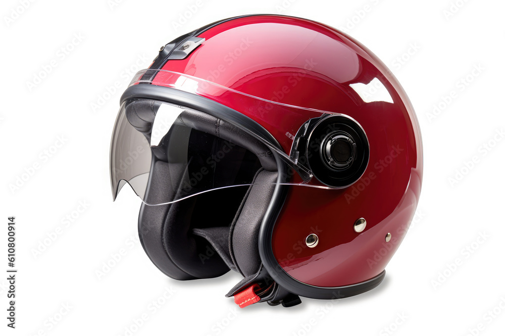 Red motorcycle helmet with clear visor isolated on white background