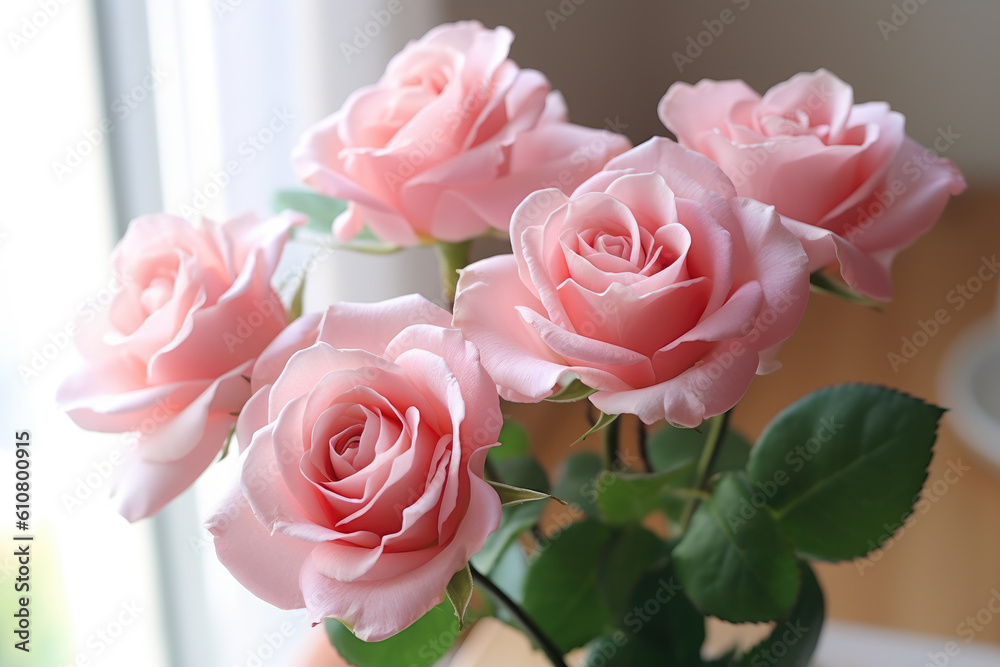 Pink roses in a flower pot in a living room